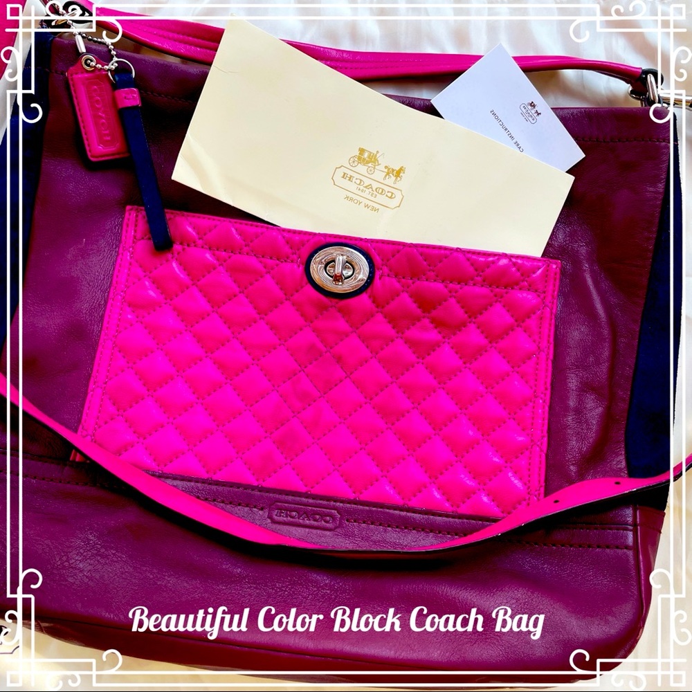 Coach colorblock large crossbody in hot pink, cranberry and navy